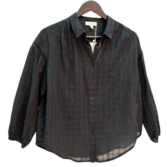 𝅺NWT Anthropologie See U Soon Button Up Windowpane Semi-Sheer Black Blous… - Picture 3 of 11